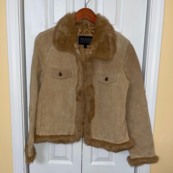 Wilsons Leather Pelle Studio Women’s Tan Leather Fur Trim Moto Bomber Jacket Lg - Picture 1 of 7
